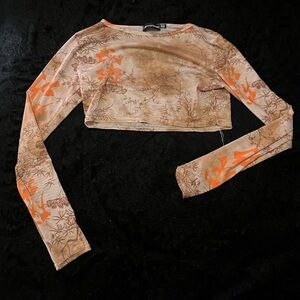 PrettyLittleThing Orange and Brown Patterned Crop Top